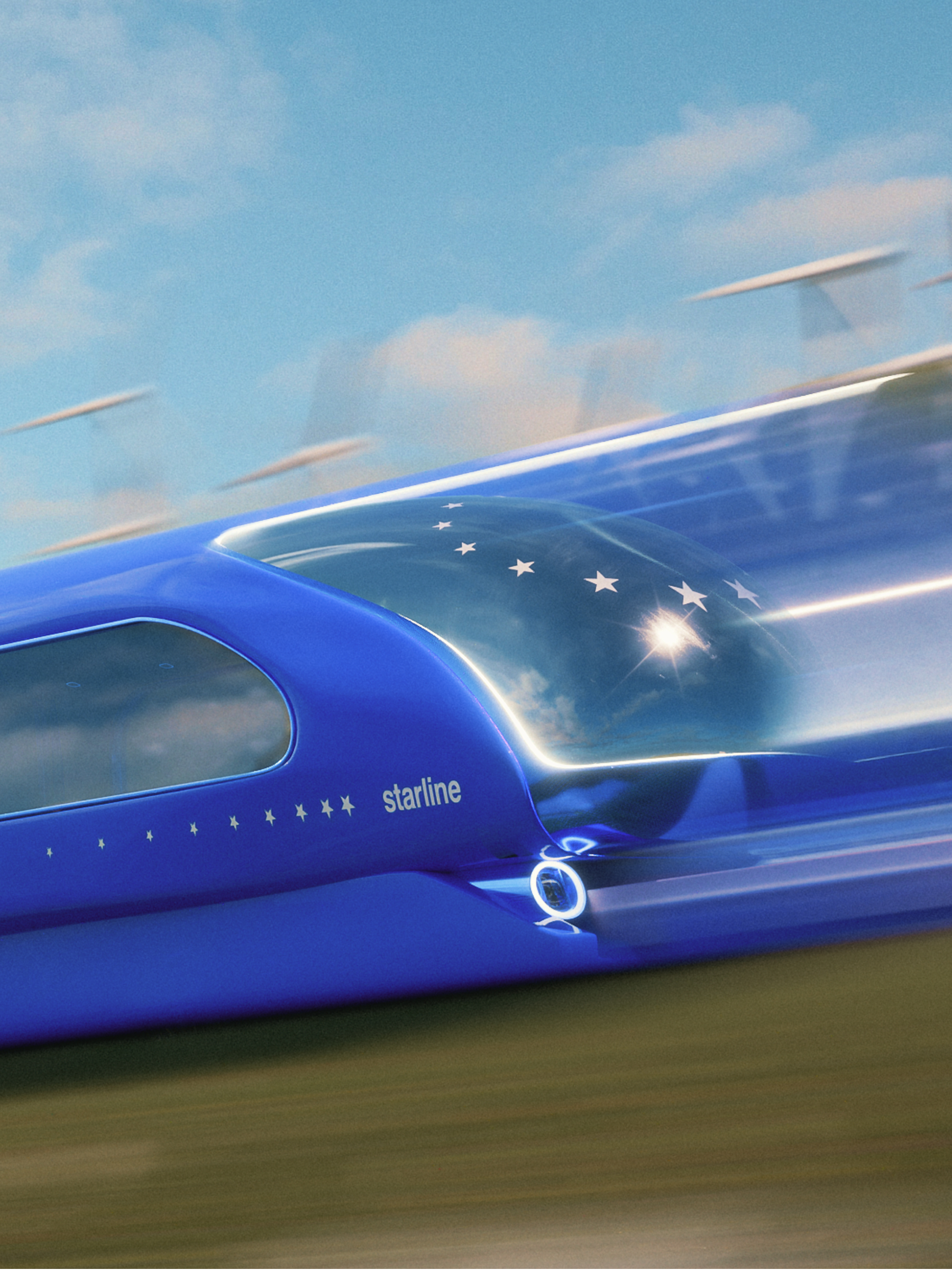 A futuristic, high-speed blue "starline" pod accelerating through a blurred landscape.