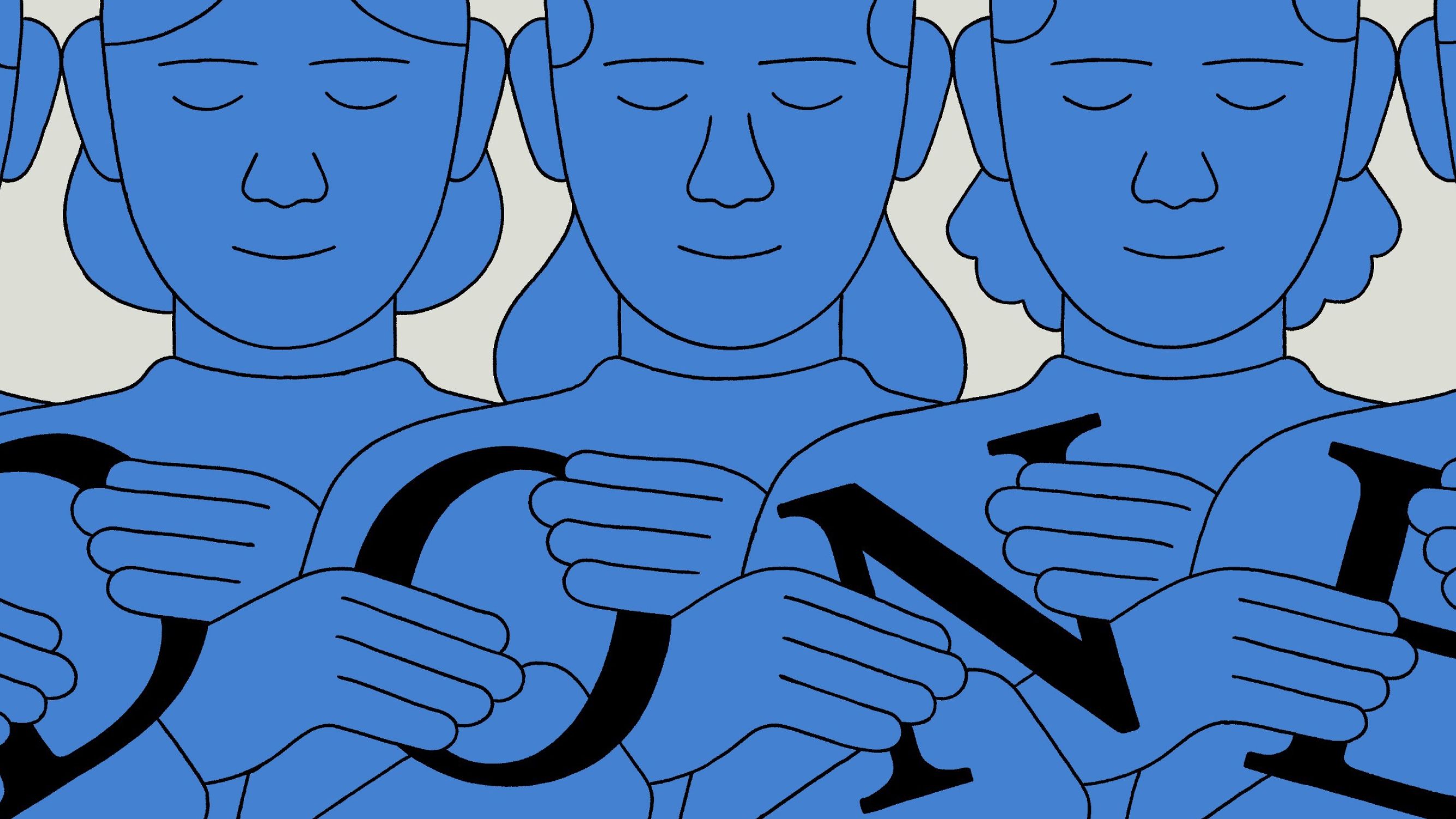 Illustration of four smiling, blue figures holding black serif letters, their arms joined. 