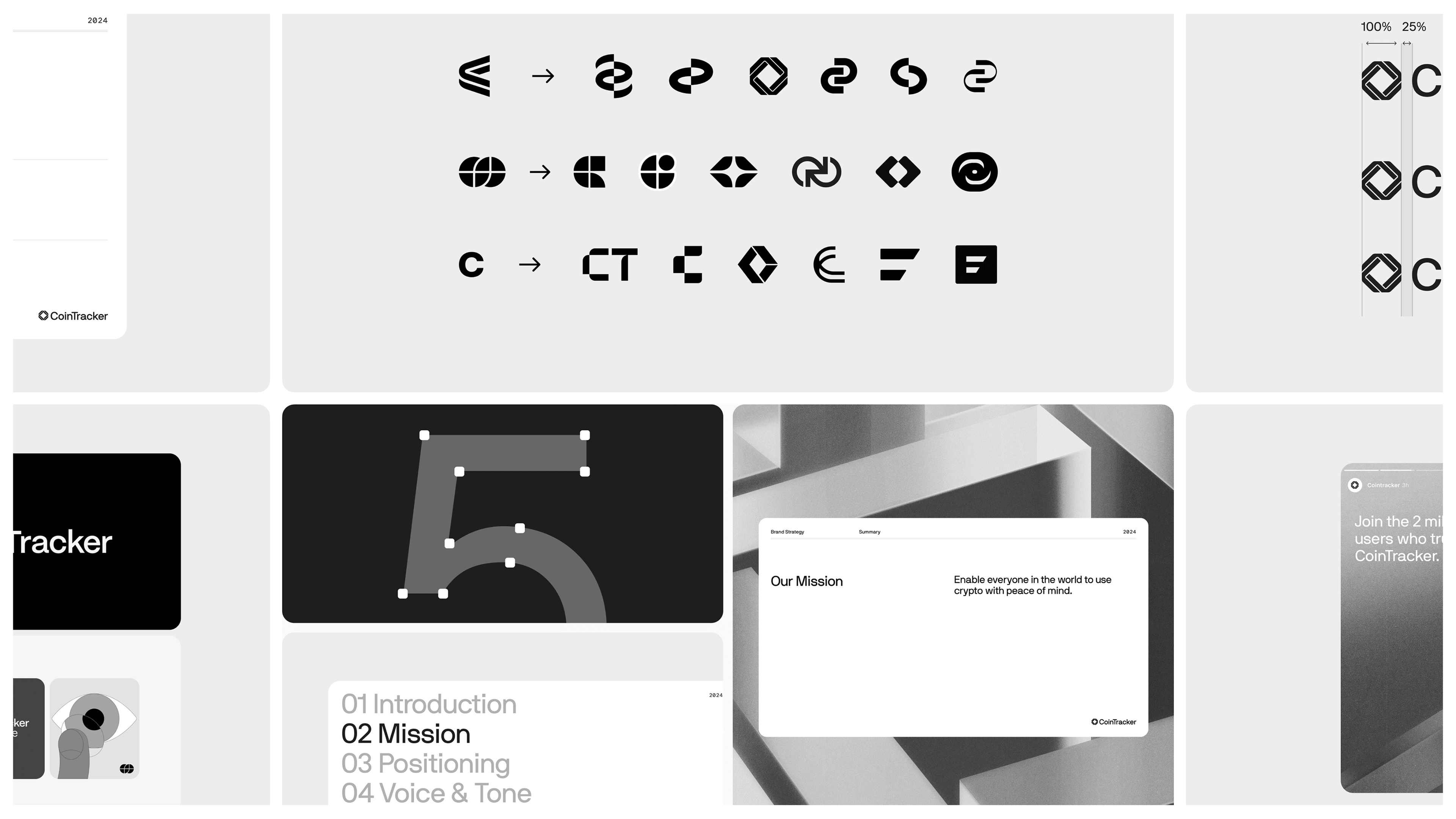 Overview of process, showcasing some black and white brand strategy and identity work in Figma 