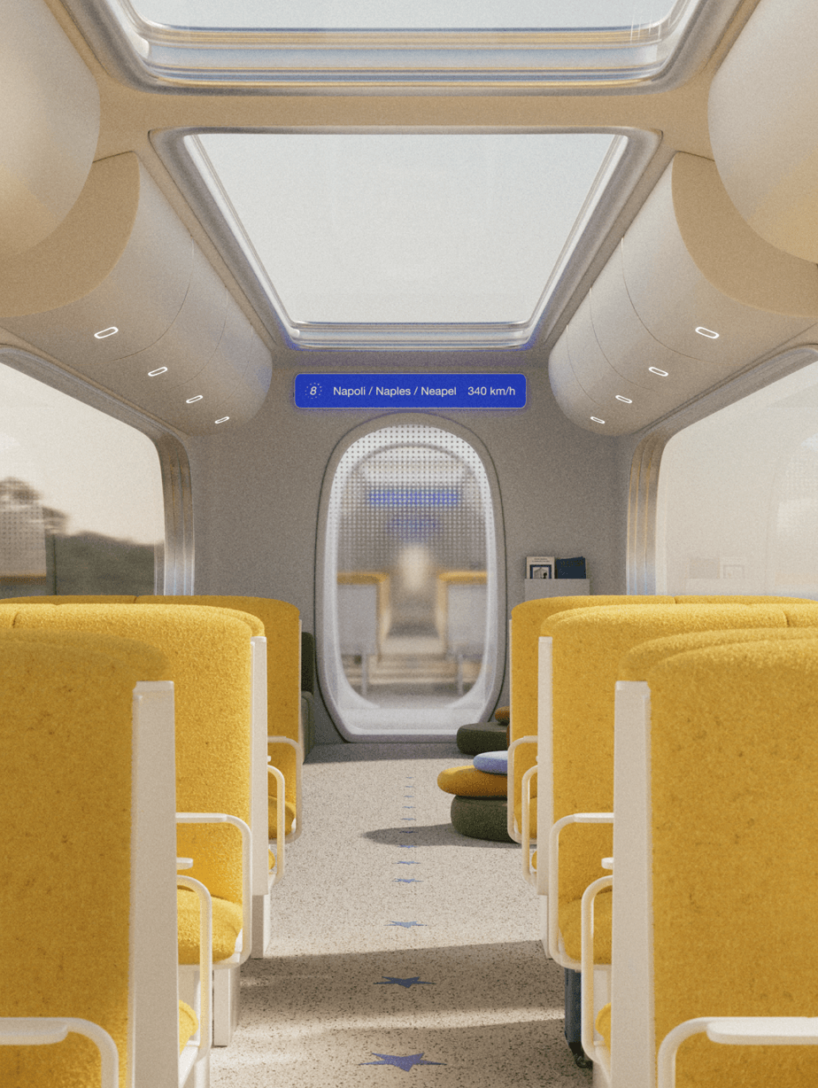 highspeed 'starline' train cabin with yellow stairs and blue stars on the floor 