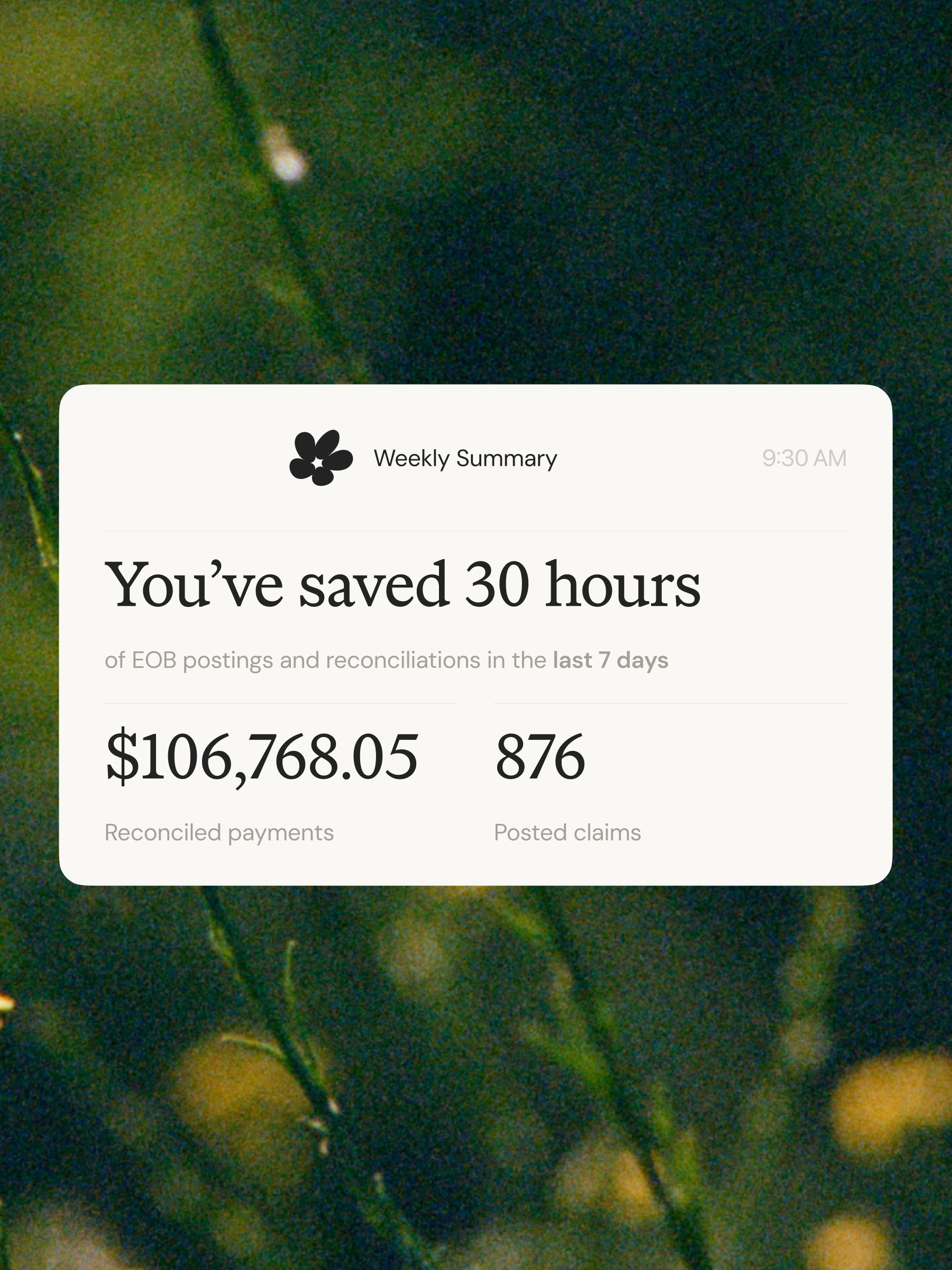 A white "Weekly Summary" notification card overlaid on a blurry green nature background